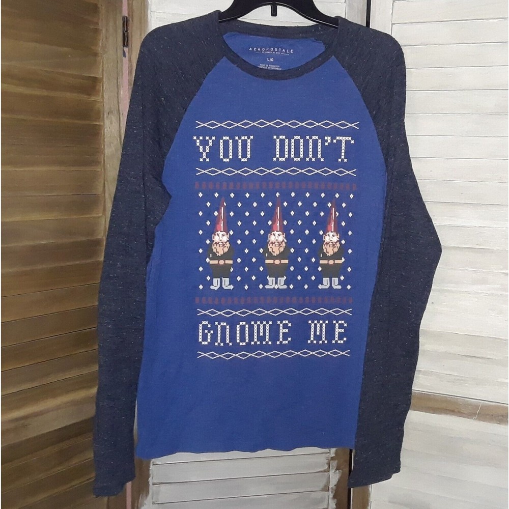 Aeropostale Unisex Shirt Size Large Long Sleeve Stretch Graphic Christmas Gnomes